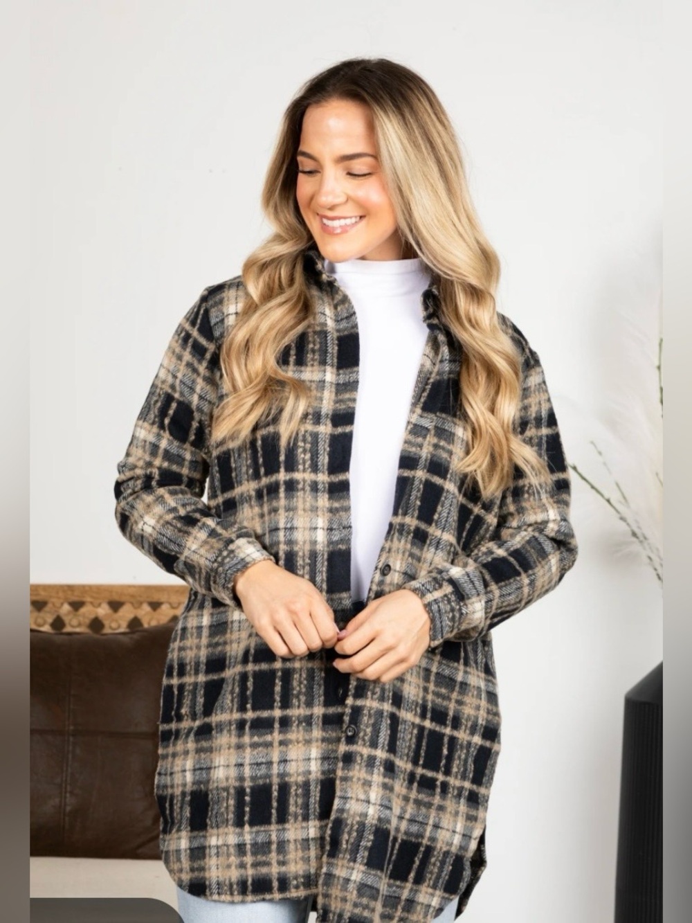 Plaid Button-Front Shacket - Black and Cream